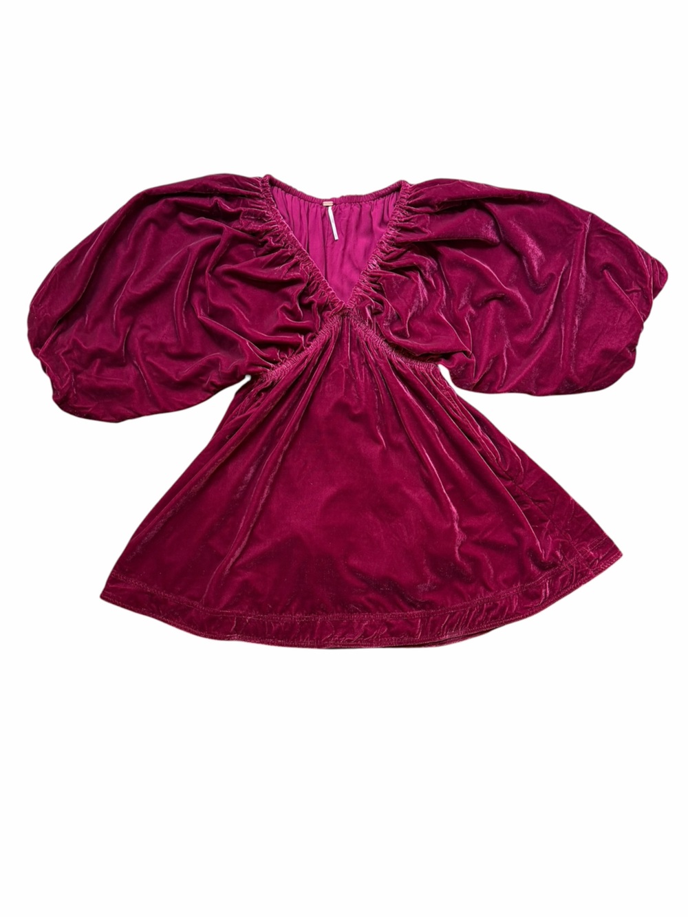 Free People Portia Magenta Velvet Balloon Sleeve V Neck Mini Dress